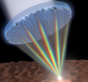 The image is a digital rendering depicting a device, possibly a type of advanced optical instrument or sensor.  It shows a circular array of hexagonal elements, resembling a complex microchip or crystalline structure, situated above a brown, undulating surface.  From the array, multiple beams of light, dispersed into a rainbow spectrum, are projected downward onto the surface below.  The overall impression is one of scientific or technological advancement, potentially related to light manipulation or energy projection.
