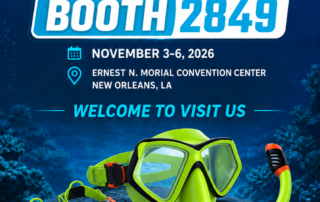 REANSON at DEMA Show 2026, booth 2849, November 3–6 in New Orleans, featuring diving masks, snorkels and fins.