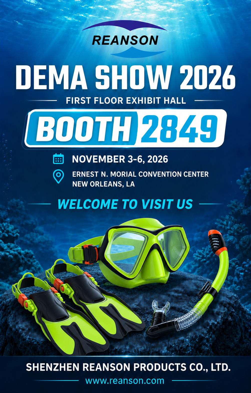 REANSON at DEMA Show 2026, booth 2849, November 3–6 in New Orleans, featuring diving masks, snorkels and fins.